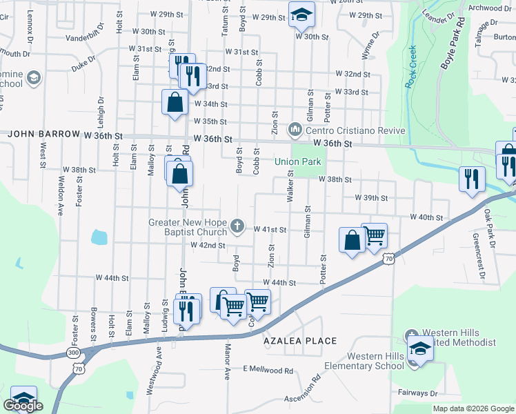 map of restaurants, bars, coffee shops, grocery stores, and more near 3909 Cobb Street in Little Rock