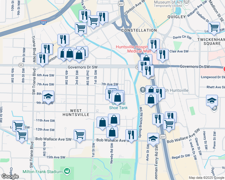 map of restaurants, bars, coffee shops, grocery stores, and more near 2107 Seminole Drive Southwest in Huntsville