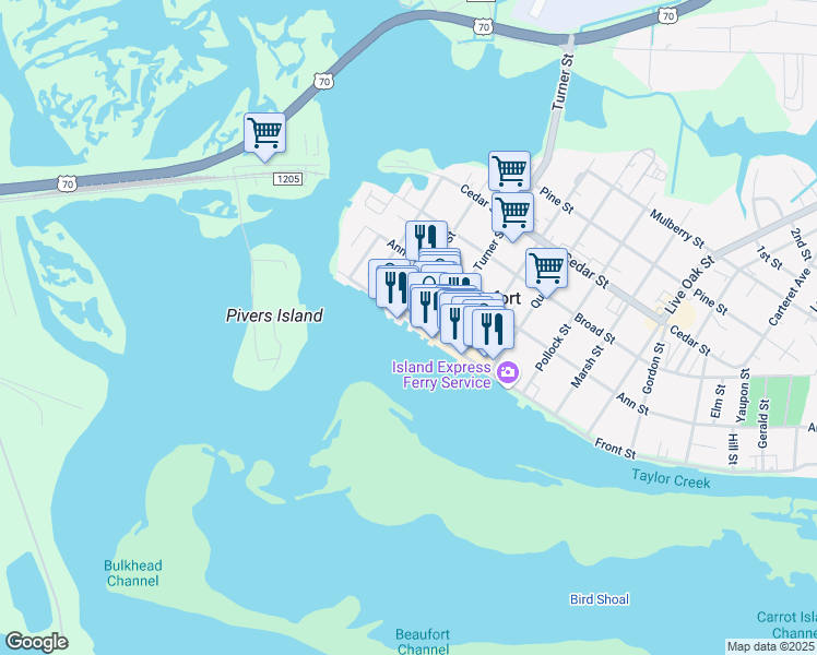 map of restaurants, bars, coffee shops, grocery stores, and more near 322 Front Street in Beaufort