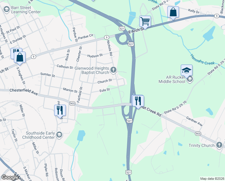 map of restaurants, bars, coffee shops, grocery stores, and more near 1305 Eula Street in Lancaster