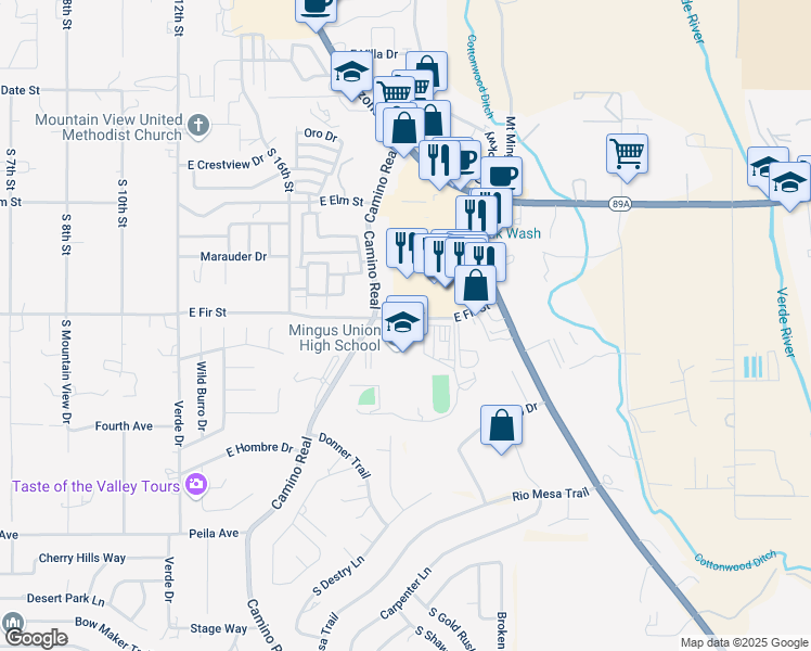 map of restaurants, bars, coffee shops, grocery stores, and more near in Cottonwood