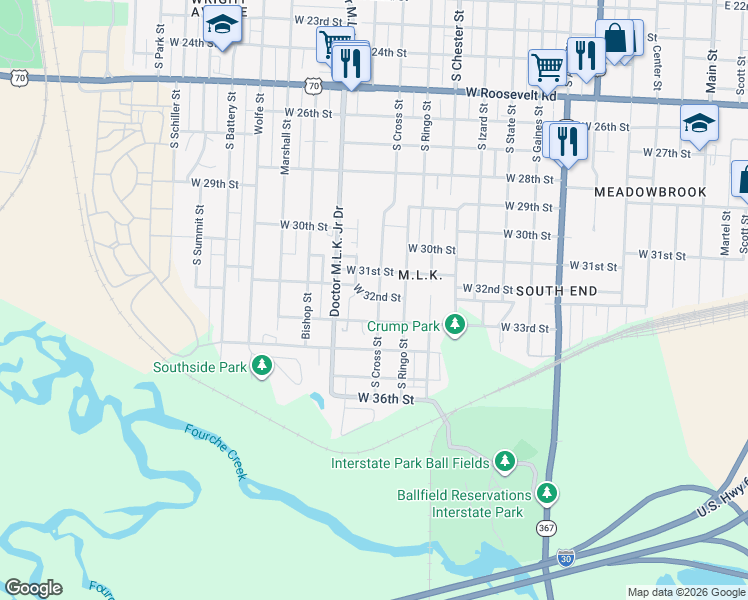 map of restaurants, bars, coffee shops, grocery stores, and more near 1207 West 32nd Street in Little Rock