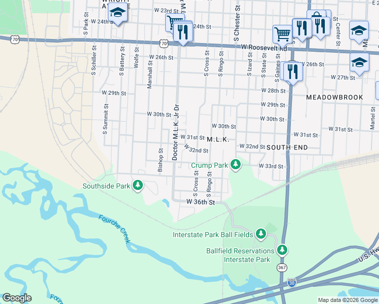 map of restaurants, bars, coffee shops, grocery stores, and more near 1207 West 32nd Street in Little Rock