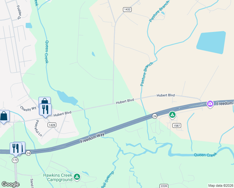 map of restaurants, bars, coffee shops, grocery stores, and more near 114 Parkertown Road in Hubert