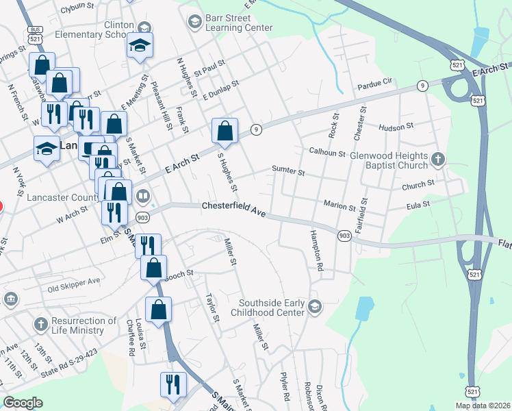 map of restaurants, bars, coffee shops, grocery stores, and more near 506 Chesterfield Avenue in Lancaster