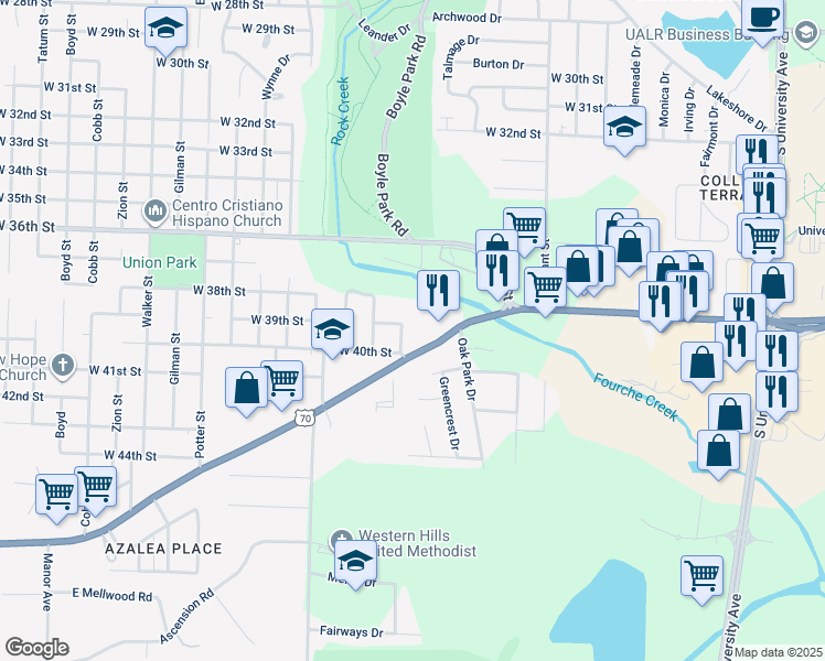 map of restaurants, bars, coffee shops, grocery stores, and more near 3901 Blunt Street in Little Rock