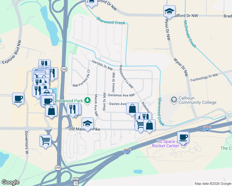 map of restaurants, bars, coffee shops, grocery stores, and more near 6310 Deramus Avenue Northwest in Huntsville