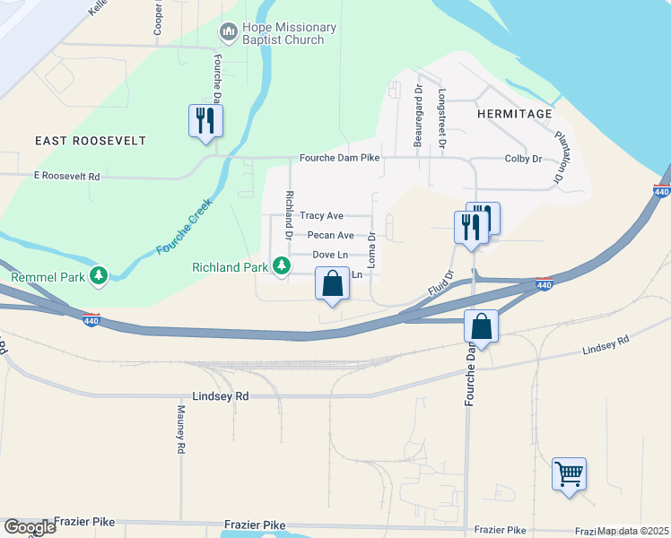 map of restaurants, bars, coffee shops, grocery stores, and more near 6600 Heather Ln in Little Rock
