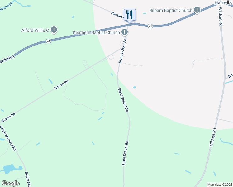 map of restaurants, bars, coffee shops, grocery stores, and more near 540 Bland School Road in Harrells