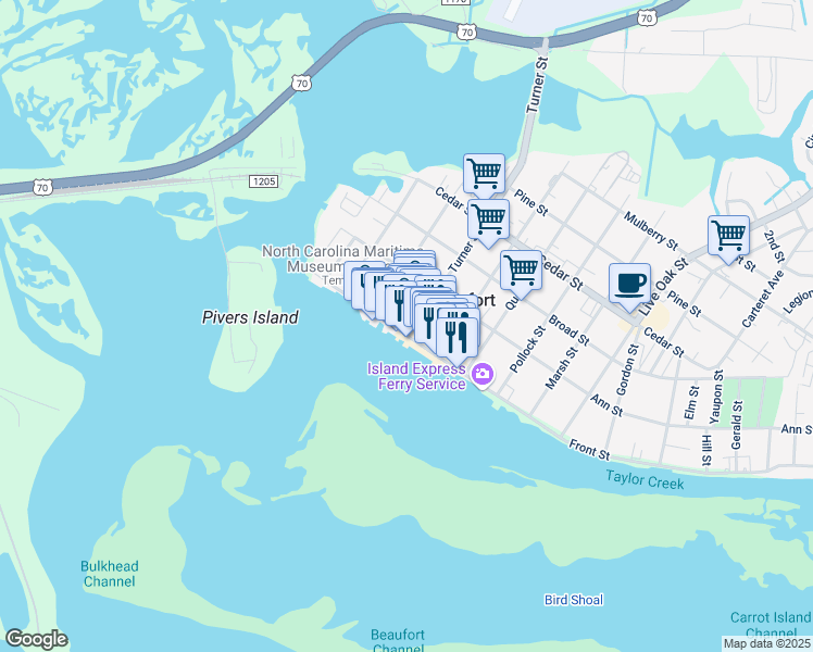 map of restaurants, bars, coffee shops, grocery stores, and more near 323 Front Street in Beaufort
