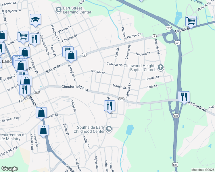 map of restaurants, bars, coffee shops, grocery stores, and more near 610 Rock Street in Lancaster