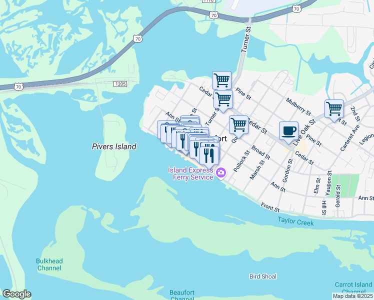 map of restaurants, bars, coffee shops, grocery stores, and more near 322 Front Street in Beaufort