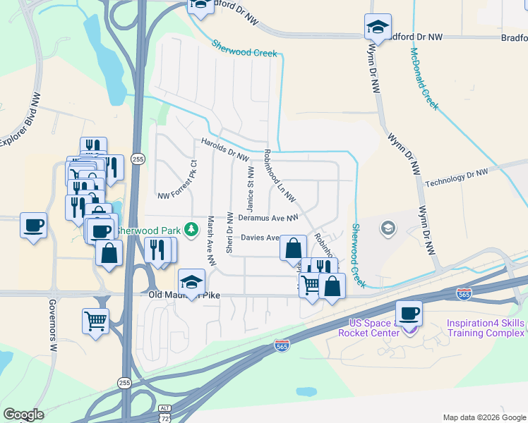 map of restaurants, bars, coffee shops, grocery stores, and more near 6207 Stratford Court Northwest in Huntsville
