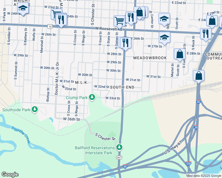 map of restaurants, bars, coffee shops, grocery stores, and more near 3201 South Gaines Street in Little Rock