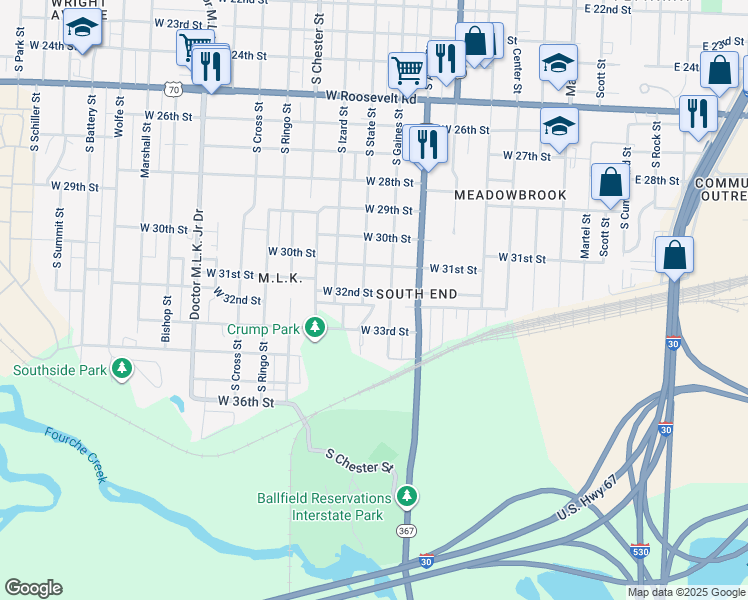 map of restaurants, bars, coffee shops, grocery stores, and more near 801 West 32nd Street in Little Rock