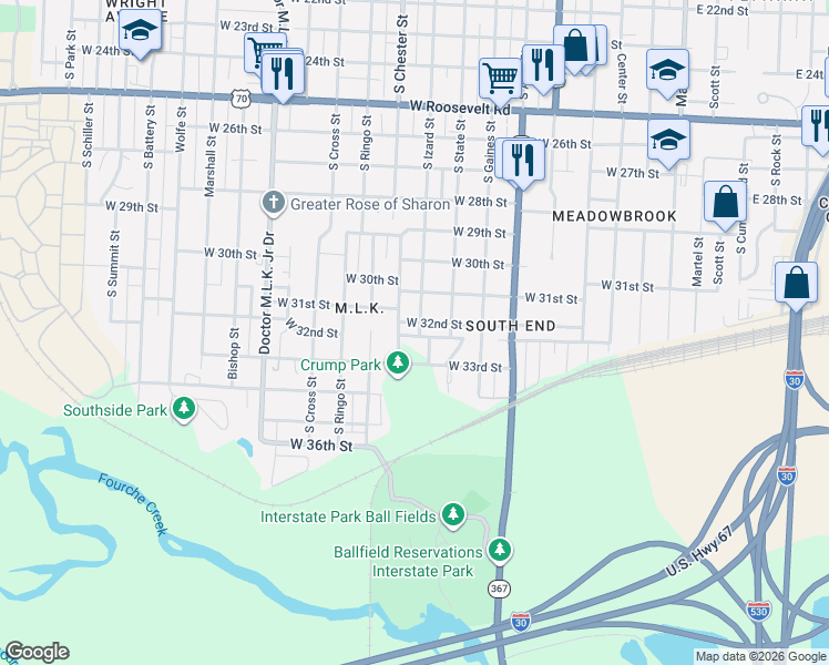 map of restaurants, bars, coffee shops, grocery stores, and more near 3204 South Izard Street in Little Rock