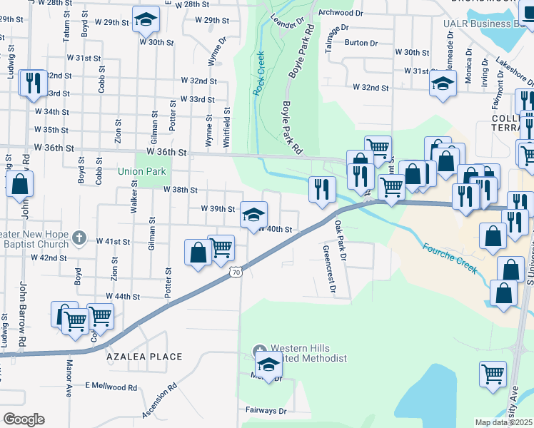 map of restaurants, bars, coffee shops, grocery stores, and more near 3824 Lange Street in Little Rock