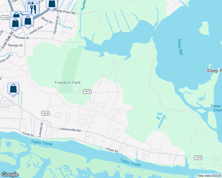 map of restaurants, bars, coffee shops, grocery stores, and more near 453 Freedom Park Road in Beaufort