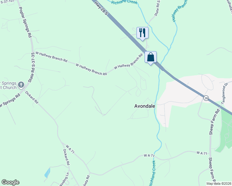 map of restaurants, bars, coffee shops, grocery stores, and more near 509 Old Wagon Road in Walhalla