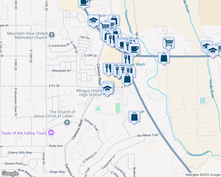 map of restaurants, bars, coffee shops, grocery stores, and more near 1801 East Fir Street in Cottonwood