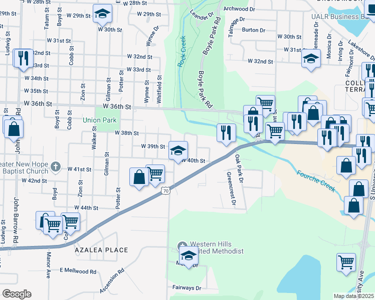 map of restaurants, bars, coffee shops, grocery stores, and more near 3824 Lange Street in Little Rock