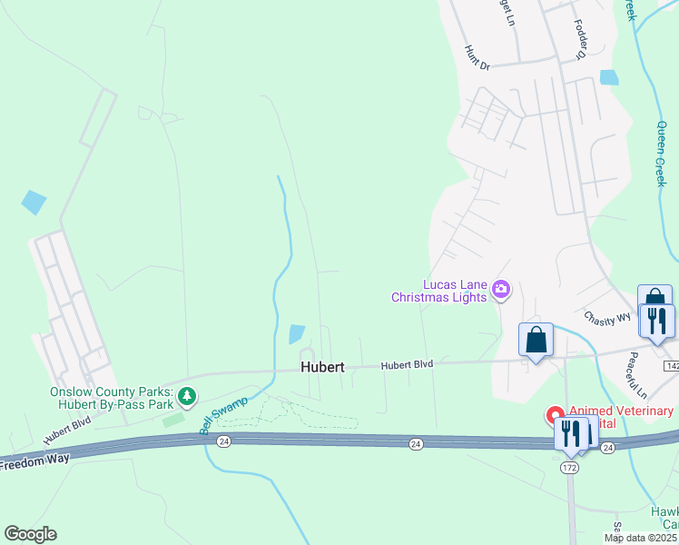 map of restaurants, bars, coffee shops, grocery stores, and more near 146 Allen Hewitt Lane in Hubert