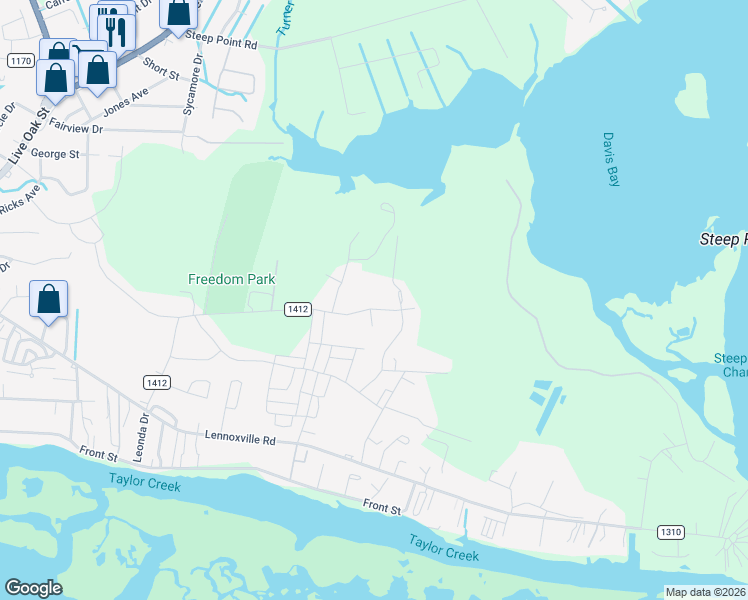 map of restaurants, bars, coffee shops, grocery stores, and more near 453 Freedom Park Road in Beaufort