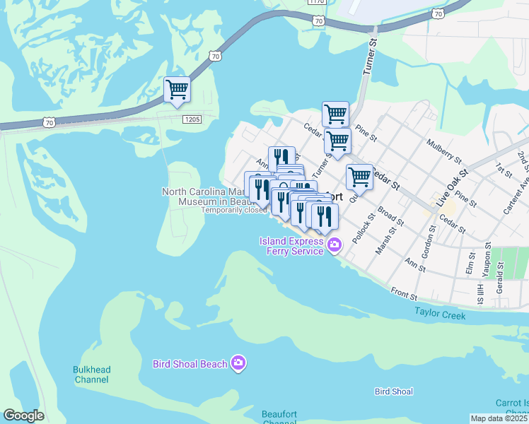 map of restaurants, bars, coffee shops, grocery stores, and more near 300 Front Street in Beaufort