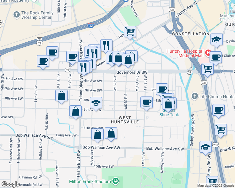 map of restaurants, bars, coffee shops, grocery stores, and more near 2813 7th Avenue Southwest in Huntsville