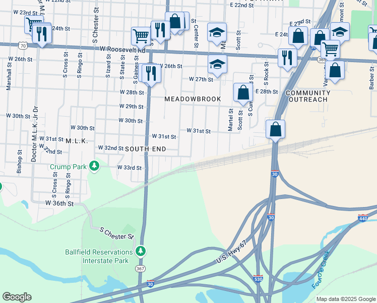 map of restaurants, bars, coffee shops, grocery stores, and more near 3200 Center Street in Little Rock