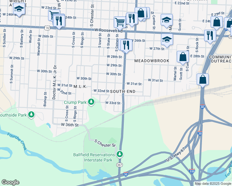 map of restaurants, bars, coffee shops, grocery stores, and more near 3201 South Gaines Street in Little Rock
