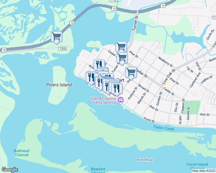 map of restaurants, bars, coffee shops, grocery stores, and more near 150 Turner Street in Beaufort