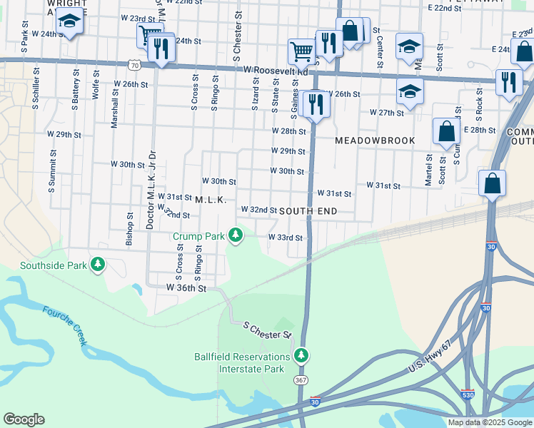 map of restaurants, bars, coffee shops, grocery stores, and more near 801 West 32nd Street in Little Rock