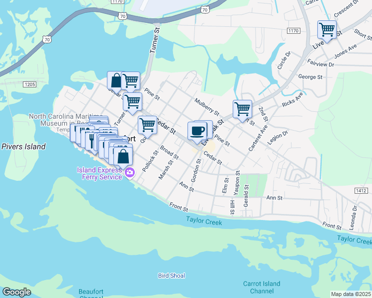 map of restaurants, bars, coffee shops, grocery stores, and more near 312 Marsh Street in Beaufort