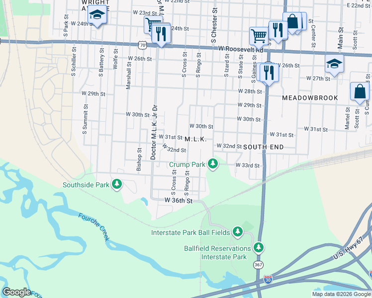 map of restaurants, bars, coffee shops, grocery stores, and more near 3124 South Ringo Street in Little Rock
