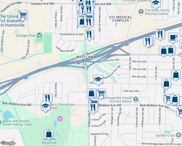 map of restaurants, bars, coffee shops, grocery stores, and more near 2112 Sycamore Street Southwest in Huntsville