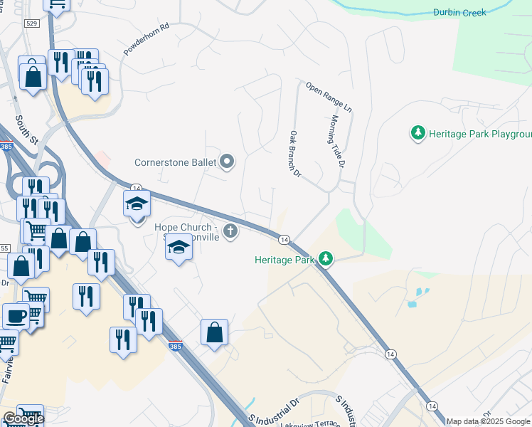 map of restaurants, bars, coffee shops, grocery stores, and more near 104 Roundtree Drive in Simpsonville