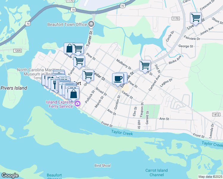 map of restaurants, bars, coffee shops, grocery stores, and more near 814 Cedar Street in Beaufort