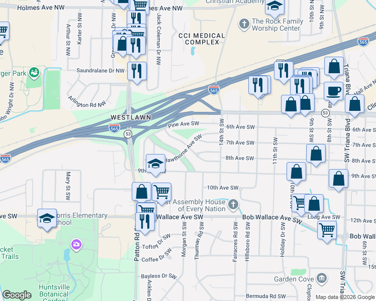 map of restaurants, bars, coffee shops, grocery stores, and more near 3916 Cypress Avenue Southwest in Huntsville