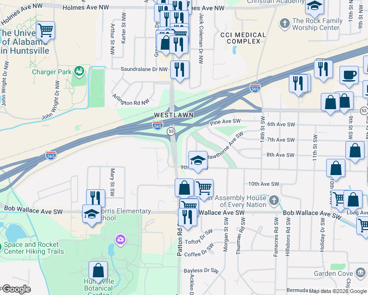 map of restaurants, bars, coffee shops, grocery stores, and more near 2112 Sycamore Street Southwest in Huntsville