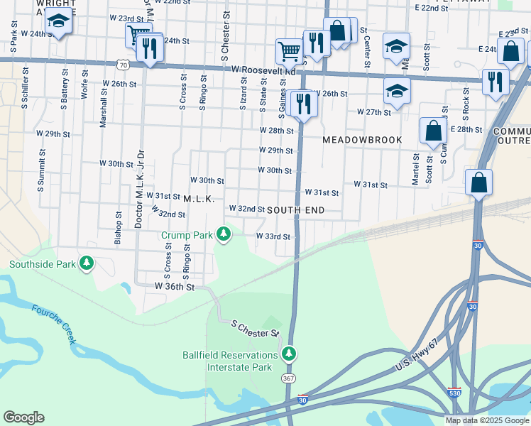 map of restaurants, bars, coffee shops, grocery stores, and more near 801 West 32nd Street in Little Rock