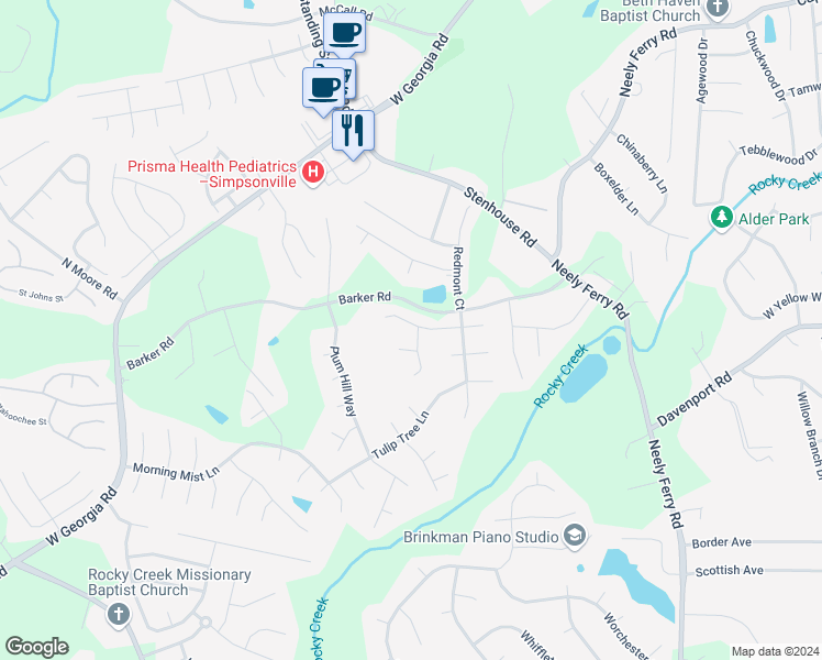 map of restaurants, bars, coffee shops, grocery stores, and more near 101 Verdana Court in Simpsonville