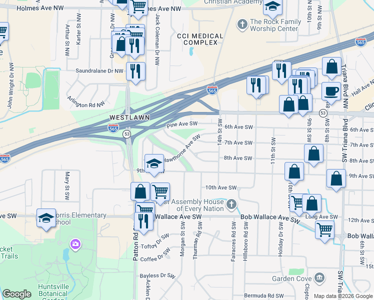 map of restaurants, bars, coffee shops, grocery stores, and more near 3916 Cypress Avenue Southwest in Huntsville