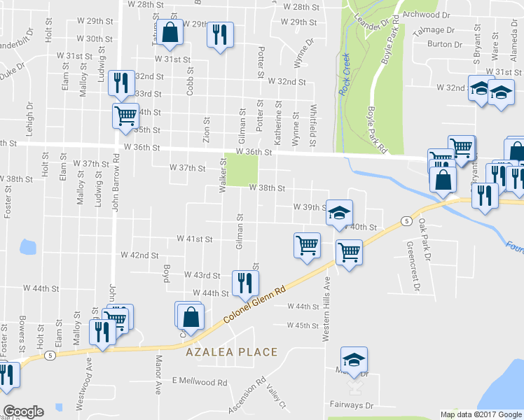 map of restaurants, bars, coffee shops, grocery stores, and more near 3901 Potter Street in Little Rock