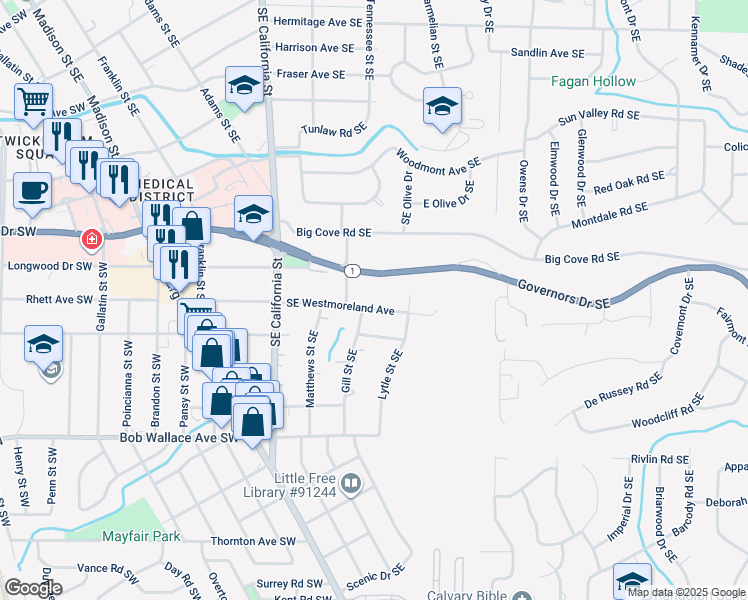 map of restaurants, bars, coffee shops, grocery stores, and more near 1107 Southeast Westmoreland Avenue in Huntsville