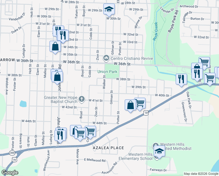 map of restaurants, bars, coffee shops, grocery stores, and more near 3902 Gilman Street in Little Rock