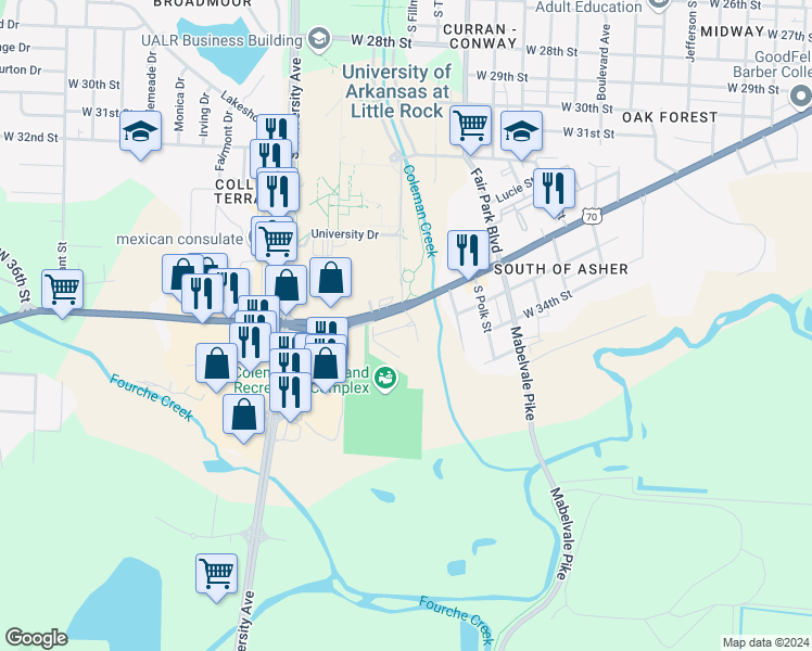 map of restaurants, bars, coffee shops, grocery stores, and more near Coleman Court in Little Rock