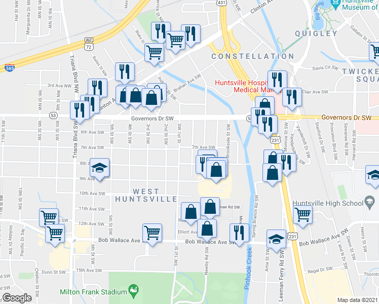 map of restaurants, bars, coffee shops, grocery stores, and more near 2102 Boardman Street Southwest in Huntsville