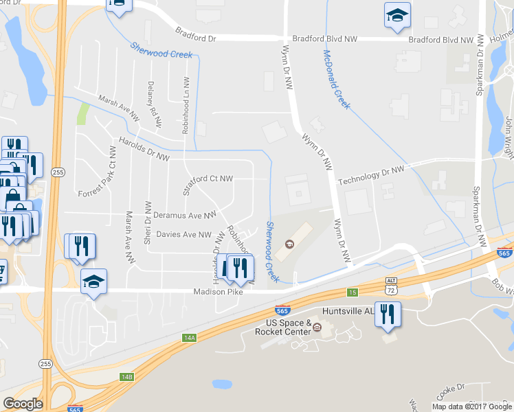 map of restaurants, bars, coffee shops, grocery stores, and more near 412 Harolds Drive Northwest in Huntsville