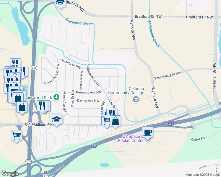 map of restaurants, bars, coffee shops, grocery stores, and more near 6109 Deramus Avenue Northwest in Huntsville